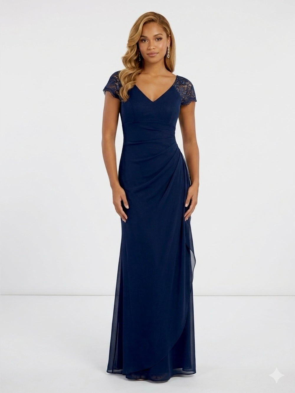 NWT Xscape Navy Blue Lace-Sleeve Ruched Evening Gown Maxi Dress Size 6